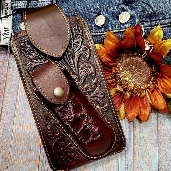Praying Cowboy Leather Phone Holstor With Knife Sheath & Belt Clip Sz LARGE 7x4